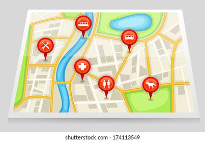 A city satellite map gps with important pin location of restaurant hospital garage maintenance repair pet shop and bus stop station transportation in red marker 2, create by vector 