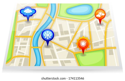 A City Satellite Map With Red Different Weather Forecast Pin Marker Of Cloudy Sunny Rainy Wet Rain And Snowy Snow Area, Create By Vector