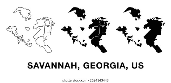 Mapa da cidade de Savannah, Geórgia, Estados Unidos da América com divisões administrativas, esboço e silhueta. Vetor editável para infográficos, apresentações e uso educacional.
