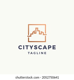 City Scape Abstract Vector Sign, Symbol or Logo Template. Geometry Line Buildings in a Square Frame with Modern Typography. Real Estate Emblem. Isolated.