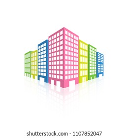 City scape of colorful building in perspective view with reflaection on white background