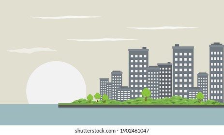 paisaje de la ciudad, de día o de ciudad, o de horizonte de la ciudad, de día, de estilo plano. paisaje urbano con rascacielos construyendo ilustración vectorial de color gris de color gris. 