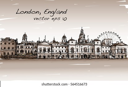 City scape drawing in London, England, show old castle and carousel in Sepia tone, illustration vector