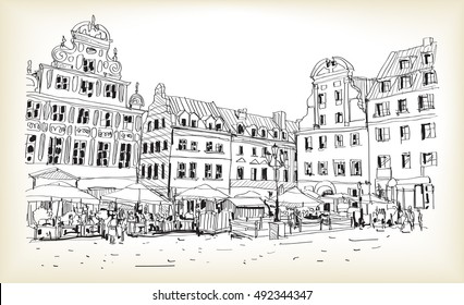 city scape drawing sketch in Poland downtown vector