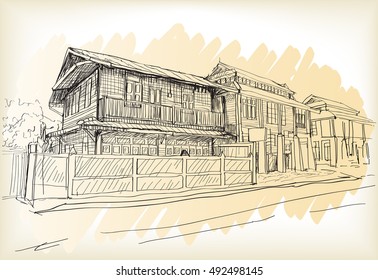 city scape drawing sketch in Thai wood house, vector

