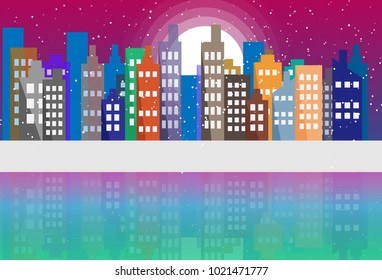 City scape flat design fantasy ultraviolet concept, urban, town with winter season snow downand city background vector illustration