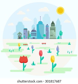 City scape with flowers in front flat style