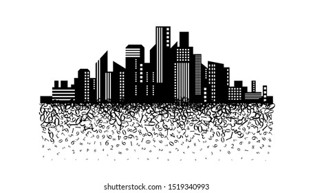 City scape with flying down numbers. Vector decoration from scattered elements. Monochrome isolated silhouette. Conceptual illustration.