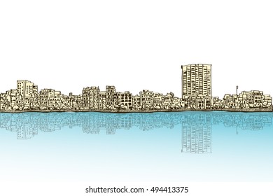 city scape free hand drawing, Hanoi city at west lake, vector and illustration

