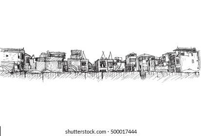 city scape free hand drawing, Hanoi city under construction area, vector and illustration