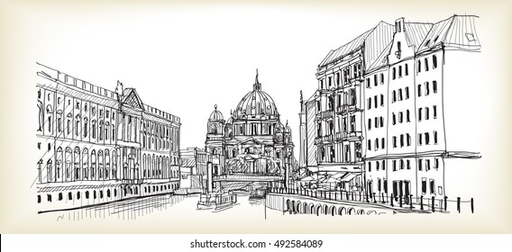 City scape in Germany. Berlin Cathedral. Old building hand drawn sketch, vector illustration