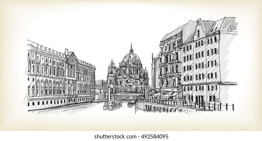 City scape in Germany. Berlin Cathedral. Old building hand drawn sketch, vector illustration