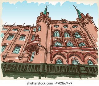 city scape gotic church in Poland, drawing sketch