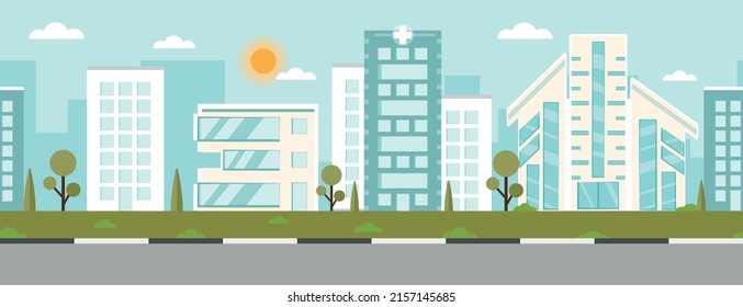 City scape or city landscape daytime view with traffic pattern, bush, trees and skyscraper building with blue sky background illustration in flat style design