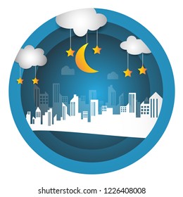 city scape with moon and star vector. Paper arts style