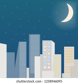 City Scape at Night. Flat Vector Illustration. Urban Town Skyline Landscape. Nighttime Panoramic Street with Starry Sky and Moon. Cartoon Style Business Center Scene at Midnight.