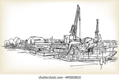 City Scape Sketch Drawing Vector, Recycle Factory In Berlin