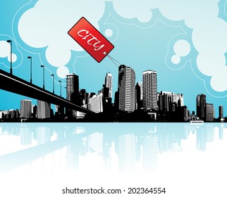 City scape with sky and clouds at the background and badge with place for your own text.
