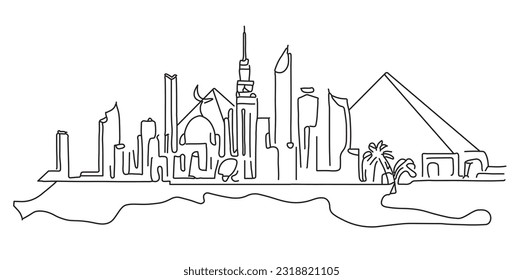 City scape skyline Cairo Egypt pyramids sketch vector art continuous line drawing abstract style editable background