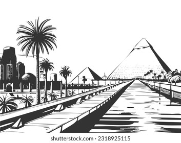 City scape skyline Cairo Egypt pyramids sketch vector art ink line drawing abstract style editable background