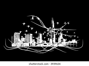 City Scape Skyline, Grunge Vector Illustration