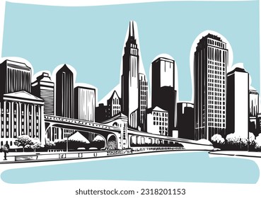 City scape skyline sketch vector art comic cartoon drawing retro vintage abstract style editable background