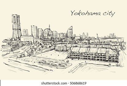 city scape skyline of Yokohama in Japan free hand drawing, vector 