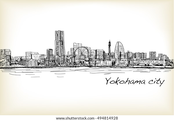 横浜の都市景観の景観を描いた日本の自由な手描き ベクター画像 イラスト のベクター画像素材 ロイヤリティフリー