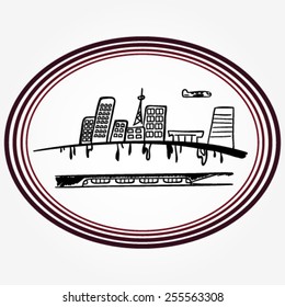 City scape with subway train and airplane sketchy vector illustration