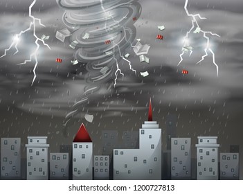 City scape tornado and storm scene illustration