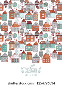 City scard design in line art style - landscape with houses. Isolated vector illustration of beautiful cityscape for property banner, real estateor card.