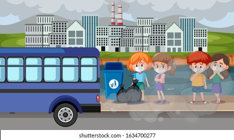City scene with air pollution and many kids wearing masks illustration