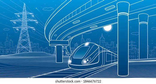City scene. Automobile bridge, overpass. Train rides. Night city at background. Electric transport. Outline vector infrastructure illustration