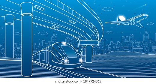 City scene. Automobile bridge, overpass. Airplane fly. Train rides. Night city at background. Electric transport. Outline vector infrastructure illustration