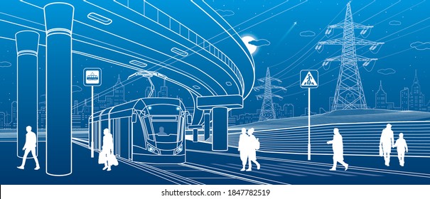 City scene. Automobile bridge, overpass. Tram rides. People walking at street. Night city on background. Electric transport. Power line. Outline vector infrastructure illustration