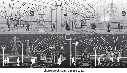 City scene. Automobile bridge overpass. Tram rides. People walking at street. Night city on background. Electric transport with Power lines. Outline vector infrastructure illustration. White lines sketch.