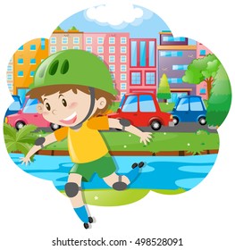 City scene with boy rollerskating illustration