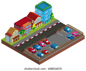 City scene with buildings and carpark in 3D design illustration