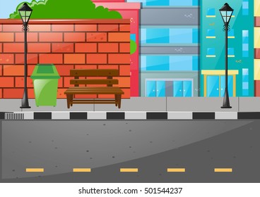 City scene with buildings and road illustration