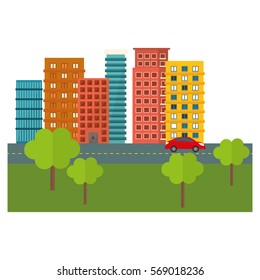 city scene and buildings with trees line sticker, vector illustration