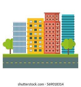 city scene and buildings with trees line sticker image