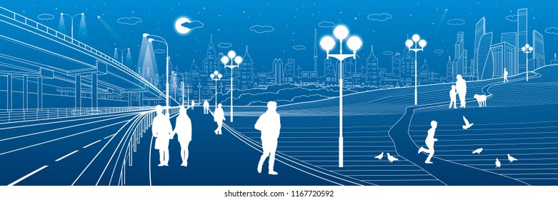 City scene. Car interchange. People walk along the sidewalk. Evening park. Kids are playing. Modern night town on background. Vector design art