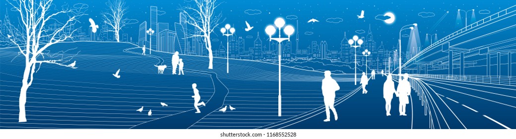 City scene. Car overpass bridge. People walk along the sidewalk. Evening illuminated park. Kids are playing. Birds are flying. Modern night town on background. Vector design art