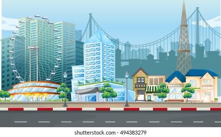 City scene with ferris wheel and buildings illustration