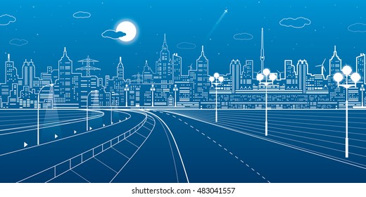 City scene, highway, urban skyline, street life, neon town, white lines on blue background, vector design art