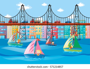 City scene with kids sailing and cars on bridge illustration