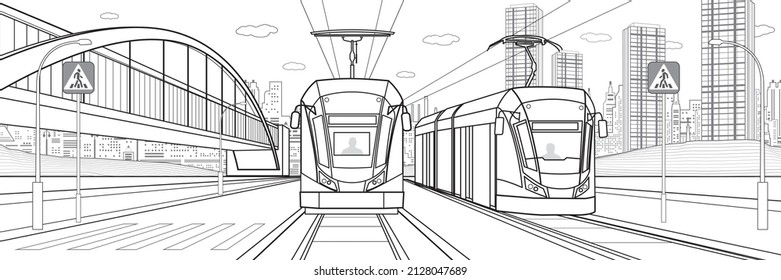 City scene, modern town, transitional arch bridge at background. Two trams are rides. Electric transport. Black outline vector infrastructure illustration