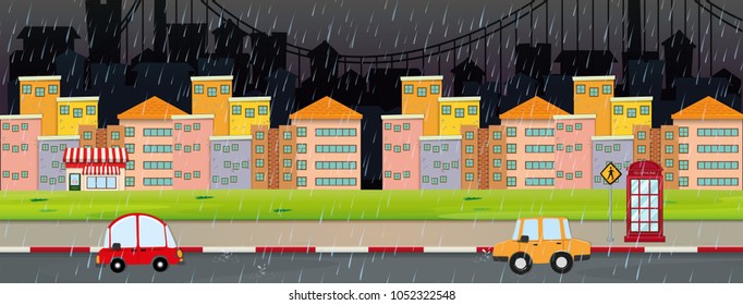 City scene at night on rainny day illustration