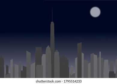 City scene on moonlit night time, urban landmark