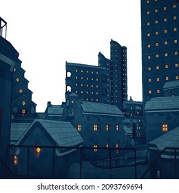 City scene on night time and Building Illustration